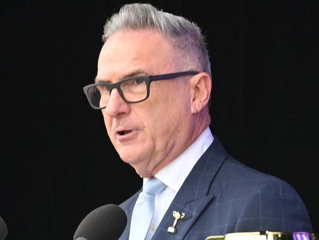 MELBOURNE, AUSTRALIA - OCTOBER 28: Neil Wilson, VRC Chairman speaks during the 2024 Melbourne Cup Carnival Launch at Flemington Racecourse on October 28, 2024 in Melbourne, Australia. (Photo by Vince Caligiuri/Getty Images)