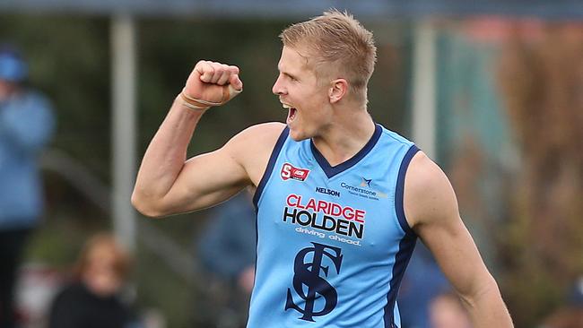 Kory Beard celebrates a goal for Sturt in 2016. Picture: Stephen Laffer