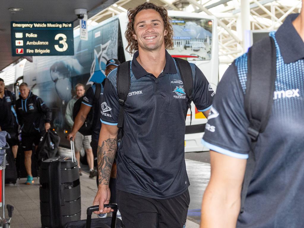 The Sharks were all smiles as they headed to LA. Picture: Thomas Lisson