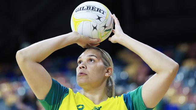 NEWCASTLE, AUSTRALIA - OCTOBER 26: Donnell Wallam of Australia warms up before game one of the International Test series between the Australia Diamonds and England Roses at Newcastle Entertainment Centre on October 26, 2022 in Newcastle, Australia. (Photo by Mark Evans/Getty Images)