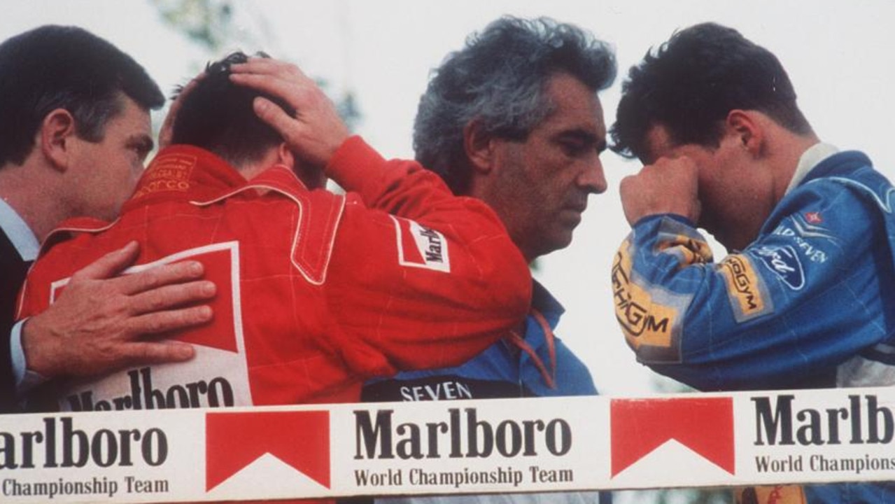 Schumacher (right) and everyone in F1 was heartbroken by Senna’s death. (AP-Photo/stf/Claudio Luffoli)