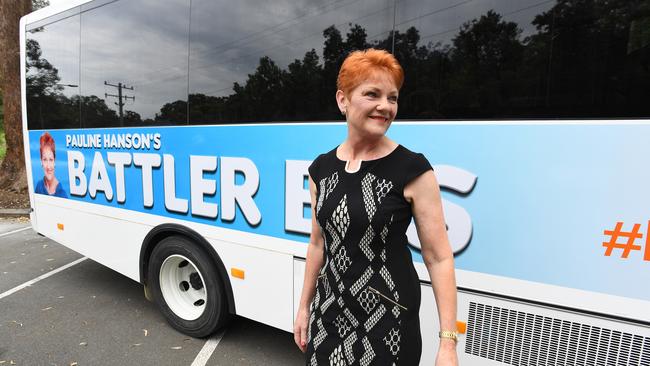 One Nation leader Pauline Hanson with the One Nation “Battler Bus” which has had less than clear sailing. Picture: AAP/Dave Hunt