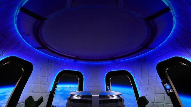 The interior of the Blue Origin crew capsule. Picture: AFP