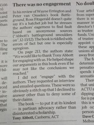 Tony Abbott writes letter to the editor about Battleground review.