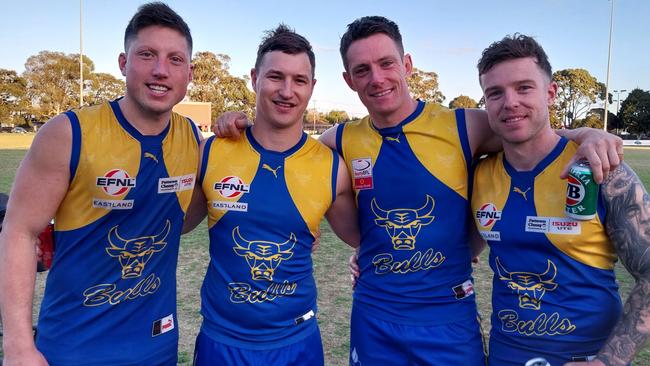 EFNL 2024: Jackson Sketcher, Kyle Martin, Luke Bull and Chris Horton-Milne after their final Noble Park match on Saturday. Picture: Daniel Cencic