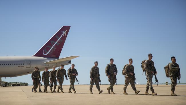 US Marines with the Aviation Combat Element arrive at the Royal Australian Air Force base for the upcoming Marine Rotational Force in 2019. Picture: Sgt. Jordan E. Gilbert