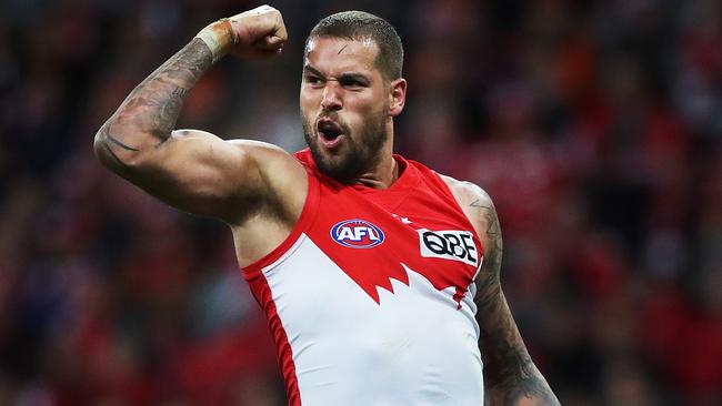 Lance Franklin celebrates a goal against GWS. Picture: Phil Hillyard