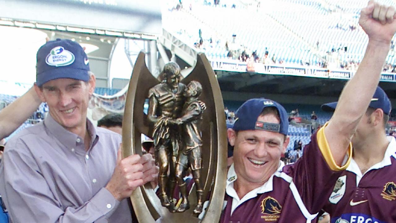 Coach Wayne Bennett and captain Kevin Walters celebrate their 2000 grand final win