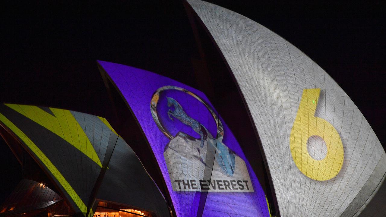 The barrier draw results for The Everest are projected onto the Opera House.