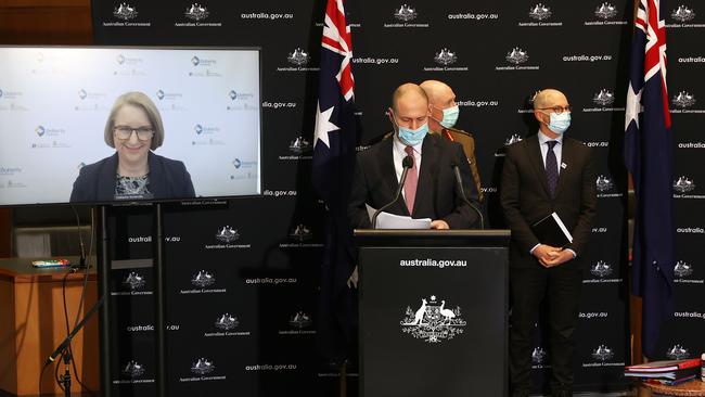 Treasurer Josh Frydenberg, LTGEN John Frewen, chief medical officer Professor Paul Kelly and Professor Jodie McVernon during a press conference at Parliament House in Canberra. Picture: NCA NewsWire/Gary Ramage