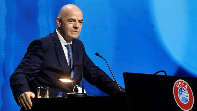 FIFA president Gianni Infantino addresses the UEFA Congress in Montreux.