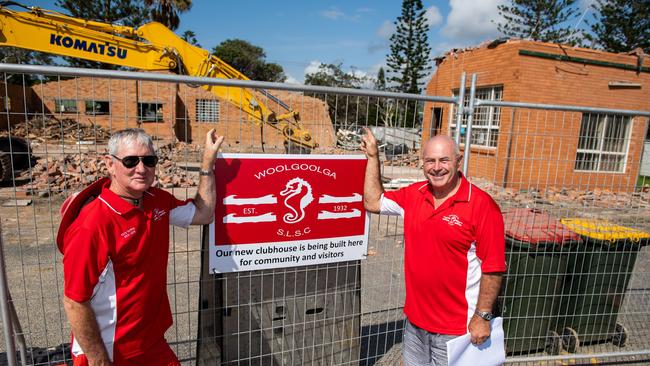 Les Pepper (right) pictured in March last year as work started on the demolition of the old marine rescue building to make way for the new Woolgoolga Surf Club.