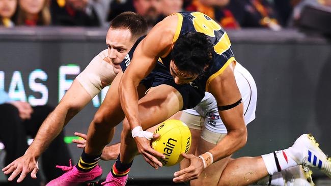 Eddie Betts of the Crows competes with Nathan Brown of the Saints at Adelaide Oval. Picture: Mark Brake/Getty Images