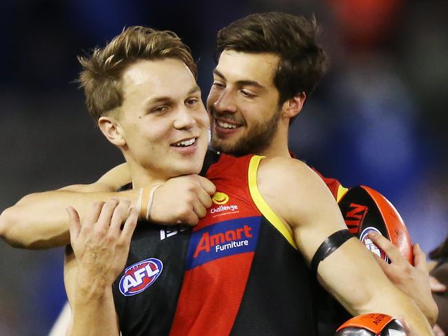 Dylan Clarke enjoys the Bombers’ win with Kyle Langford. Picture: Getty Images