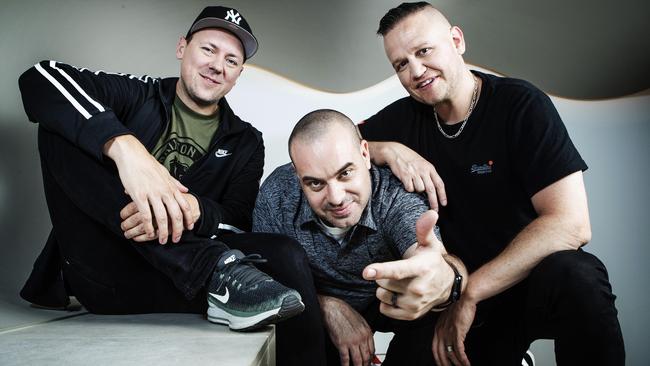 The Hilltop Hoods: Matt Lambert (MC Suffa), Baz Francis (DJ Debris) and Dan Smith (MC Pressure). Picture: Hollie Adams/The Australian