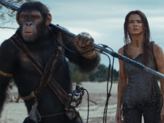 Noa (played by Owen Teague), Freya Allan as Nova in Kingdom of the Planet of the Apes. Picture: 20th Century Studios.