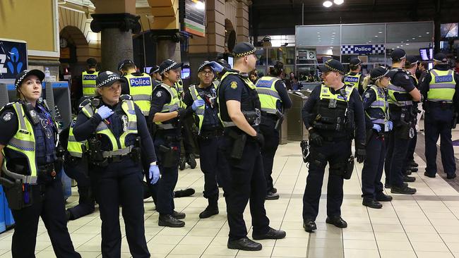 Police saturated popular meeting places across Melbourne’s CBD. Picture: Ian Currie