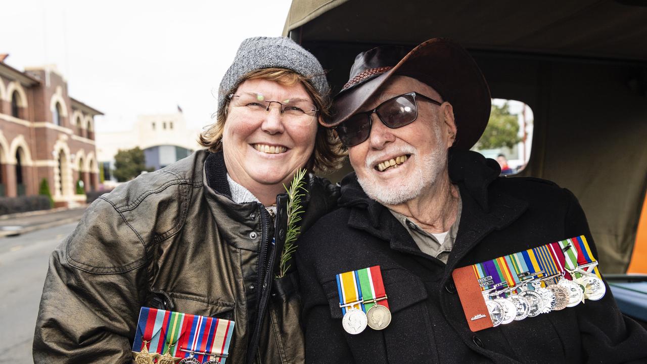 Vietnam veteran William Dunn with his daughter Jude Dunn before the Anzac Day morning march and service, Monday, April 25, 2022. Picture: Kevin Farmer