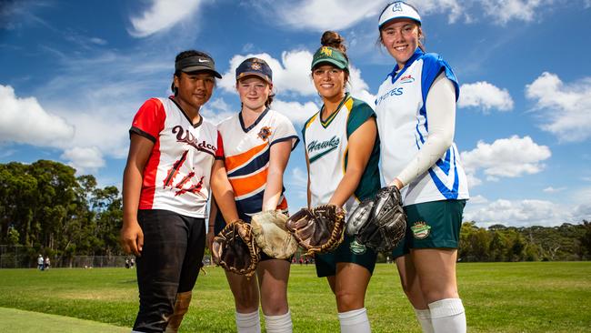 (L-R) Gisele Petalio Conte (13), Annalise Kemp (14), Jorja Barrett (18) and Teoni Lamb (16) have been selected into junior national softball squads. Pictures: Julian Andrews