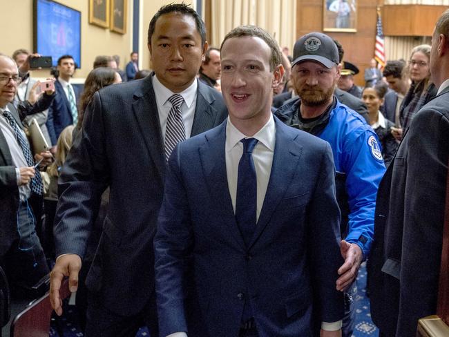 A relived and exhausted Zuckerberg departs after his second day of testimony. Picture: AP