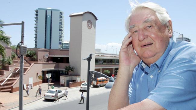 Bruce Bishop in front of the Surfers Paradise Transit Centre and the carpark that was named after him.