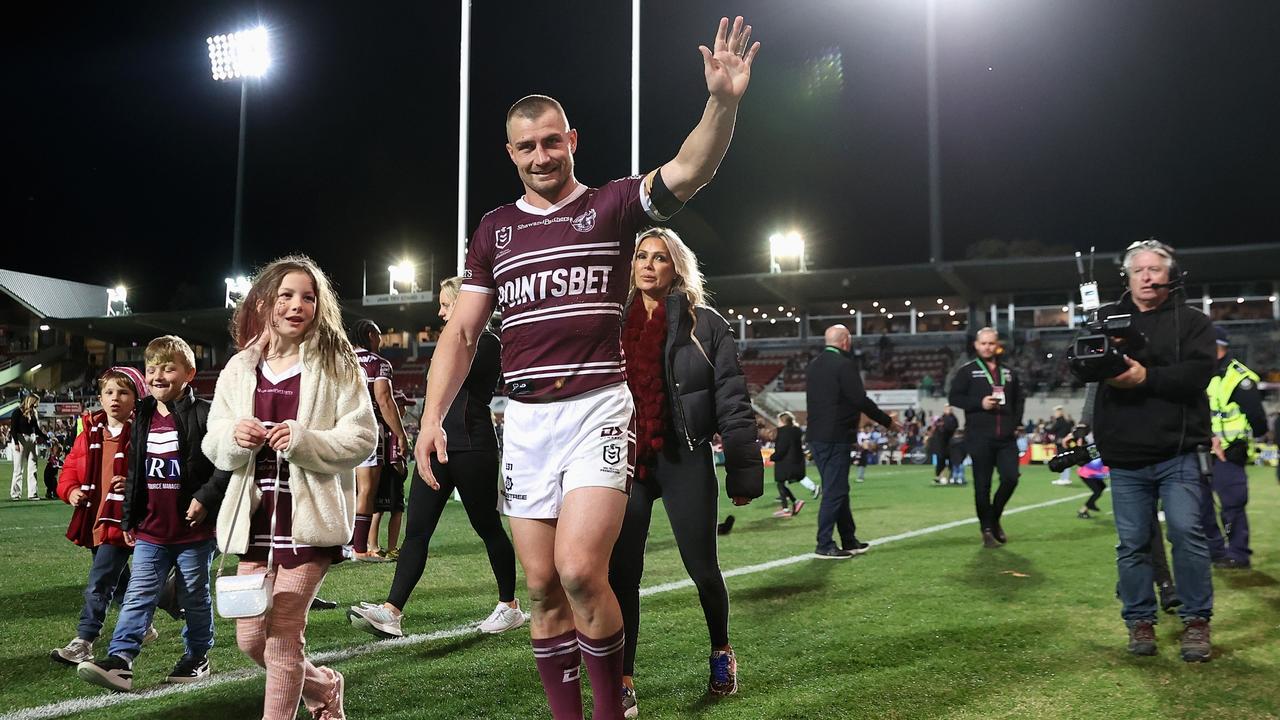 Kieran Foran farewelled the Manly fans in his last game for the club at 4 Pines Park. Picture: Cameron Spencer/Getty Images