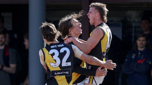 EFL Division 1 2022: Mooroolbark v Mitcham, qualifying final at Tormore Reserve, Boronia.  Guy Laughlin of Mitcham (right) celebrates his goal with team mates. Picture : George Salpigtidis