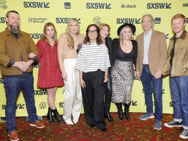 Patrick Fugit, Elizabeth Olsen, Lily Rabe, Head of Original Content at HBO Max Sarah Aubrey, Lesli Linka Glatter, SXSW Director Claudette Godfrey, David E. Kelley and Jesse Plemons attend the "Love &amp; Death" world premiere during 2023 SXSW Conference and Festivals at The Paramount Theatre in Austin, Texas. Picture: Michael Loccisano/Getty Images for SXSW