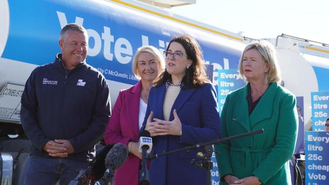 Liberals Mal Hingston, Susie Bower, Claire Chandler and Bridget Archer speak to the media at Launceston Airport on Friday, May 2, 2025.