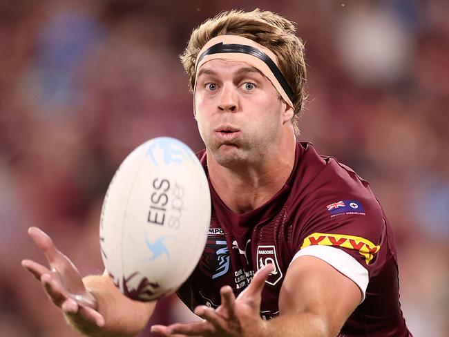 TOWNSVILLE, AUSTRALIA - JUNE 09:  Christian Welch of the Maroons catches the ball during game one of the 2021 State of Origin series between the New South Wales Blues and the Queensland Maroons at Queensland Country Bank Stadium on June 09, 2021 in Townsville, Australia. (Photo by Mark Kolbe/Getty Images)