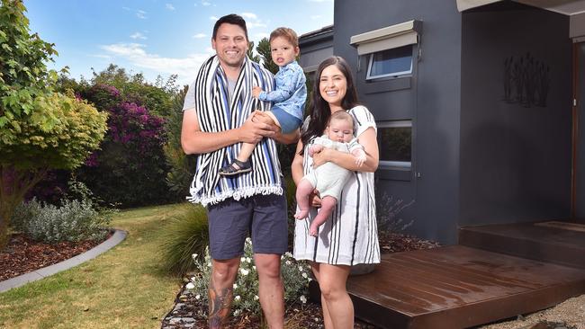 Melissa and Shane McAinsh, and their two sons Tom, 2, and Patrick, 3 months, at their Rosebud house. Picture: Nicki Connolly