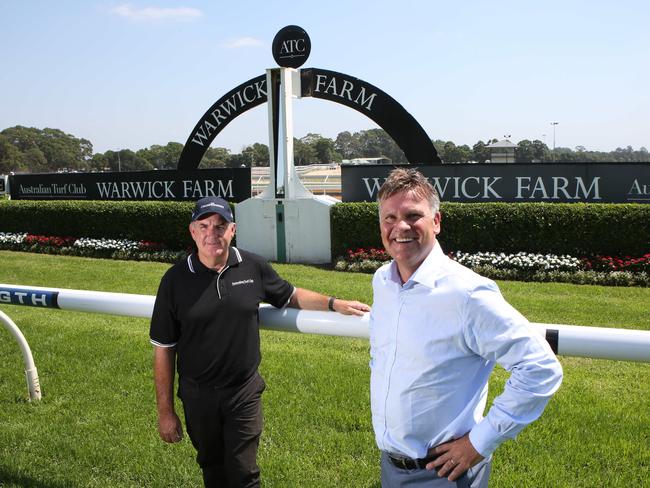 Track manager Mark Jones and Australian Turf Club chief executive Jamie Barkley at Warwick Farm Racecourse. Picture: Robert Pozo