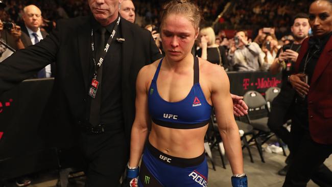 Ronda Rousey exits the Octagon after her loss to Amanda Nunes.