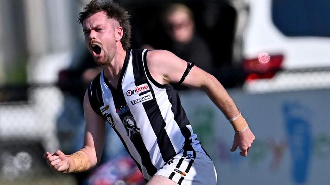 WallanÃs Sean Morris celebrates a goal during the RDFL Melton Centrals v Wallan football match in Harkness, Saturday, April 23, 2022. Picture: Andy Brownbill