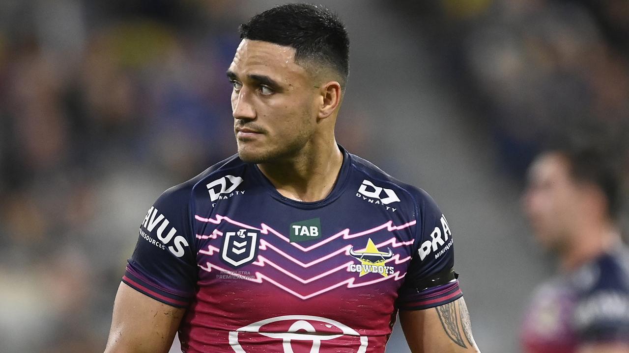 TOWNSVILLE, AUSTRALIA - JULY 22: Valentine Holmes of the Cowboys loduring the round 21 NRL match between North Queensland Cowboys and Parramatta Eels at Qld Country Bank Stadium on July 22, 2023 in Townsville, Australia. (Photo by Ian Hitchcock/Getty Images)