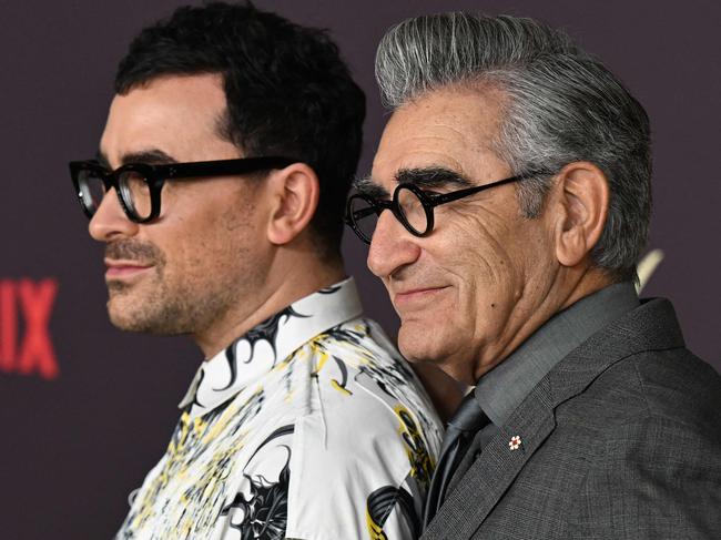 Father and sone duo Daniel Levy (L) and Eugene Levy will host this year’s Primetime Emmy Awards. Picture: Robyn Beck / AFP