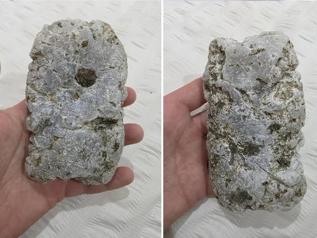 An Aussie dad has made a major rare find after a substance worth up to $59,000 per kilogram washed up on a beach following ex-Tropical Cyclone Alfred. The man, who wished to remain anonymous, told Yahoo News he was picking up shells along a beach around the NSW and Queensland Border when he found a piece of ambergris.  Picture: Supplied