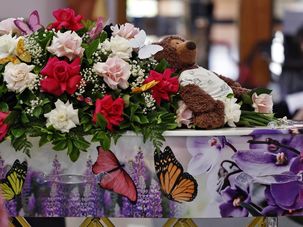 A teddy bear adorns Charlotte’s coffin. Picture: Sam Ruttyn