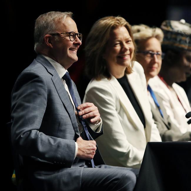 Prime Minister Anthony Albanese at the International Trade Union Confederation World Congress in Melbourne with Michele O’Neil, President of the ACTU, and Sally McManus Secretary of the ACTU. Picture: NCA NewsWire / David Crosling