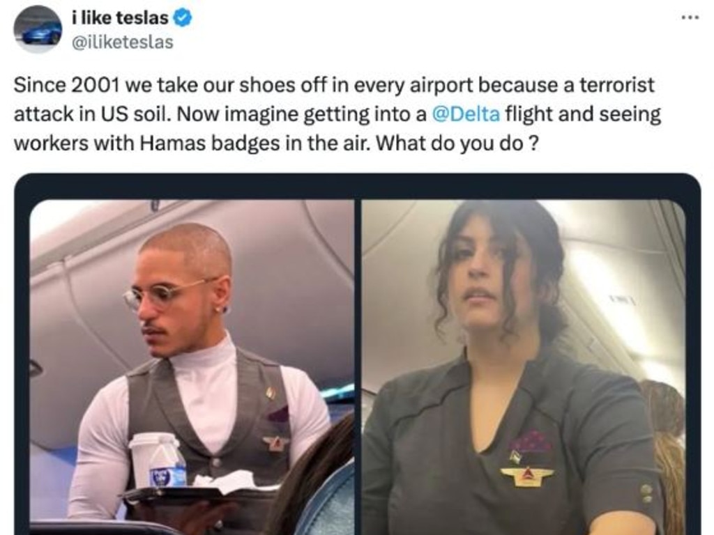 A tweet accusing Delta flight attendants of wearing ‘Hamas badges’. Picture: @iliketeslas/X