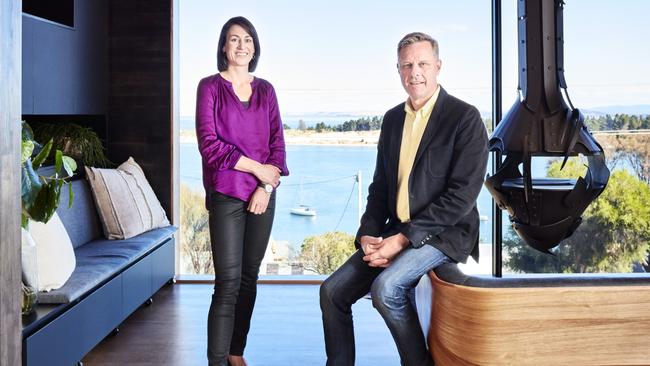 Alice Hansen with <i>Grand Designs Australia </i>presenter Peter Maddison in the living room of her smalll but beautiful Lewisham home, being featured on Foxtel tonight.