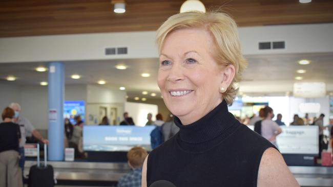 Coffs Harbour Mayor Denise Knight welcomes the first Qantas aircraft to land at Coffs Harbour Airport direct from Melbourne on April 1, 2021.