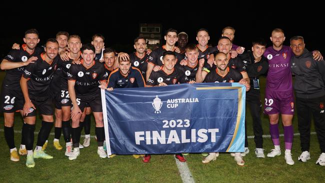 Brisbane Roar players celebrate their semi-final victory. Picture: Jonathan DiMaggio