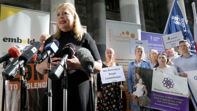 Minister for Women &amp; DV Prevention Katrine Hildyard addresses the rally. Picture: Dean Martin