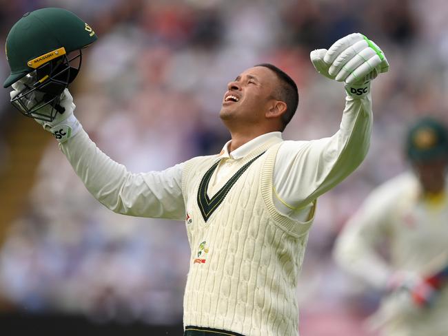 Usman Khawaja celebrates a superb century, his first in England, in the first Ashes Test. Picture: Stu Forster/Getty Images