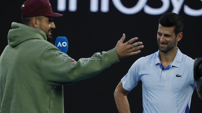 Novak Djokovic with special guest interviewer Nick Kyrgios. Pic: Michael Klein