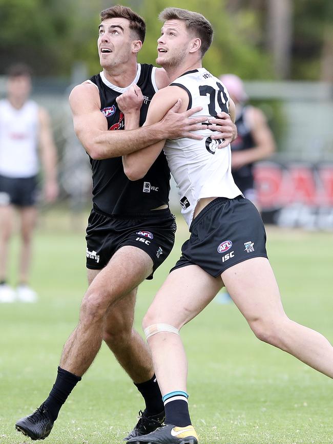 Port Adelaide’s Scott Lycett and Peter Ladhams. Picture: Sarah Reed