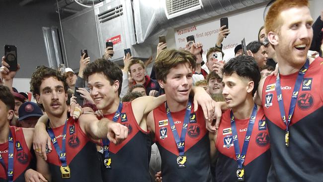 MPFNL Division One Seniors, Grand Final: Dromana FNC Seniors vs Mt Eliza FNC Seniors played at Kinetic Park, Frankston, Victoria, Sunday 15th September 2024.  Mt Eliza celebrate in the rooms after their win. Picture: Andrew Batsch