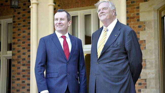 WA Premier Mark McGowan and the state's new governor, Labor stalwart Kim Beazley, outside Government House in Perth this week. (Pic: Rebecca Le May/AAP)