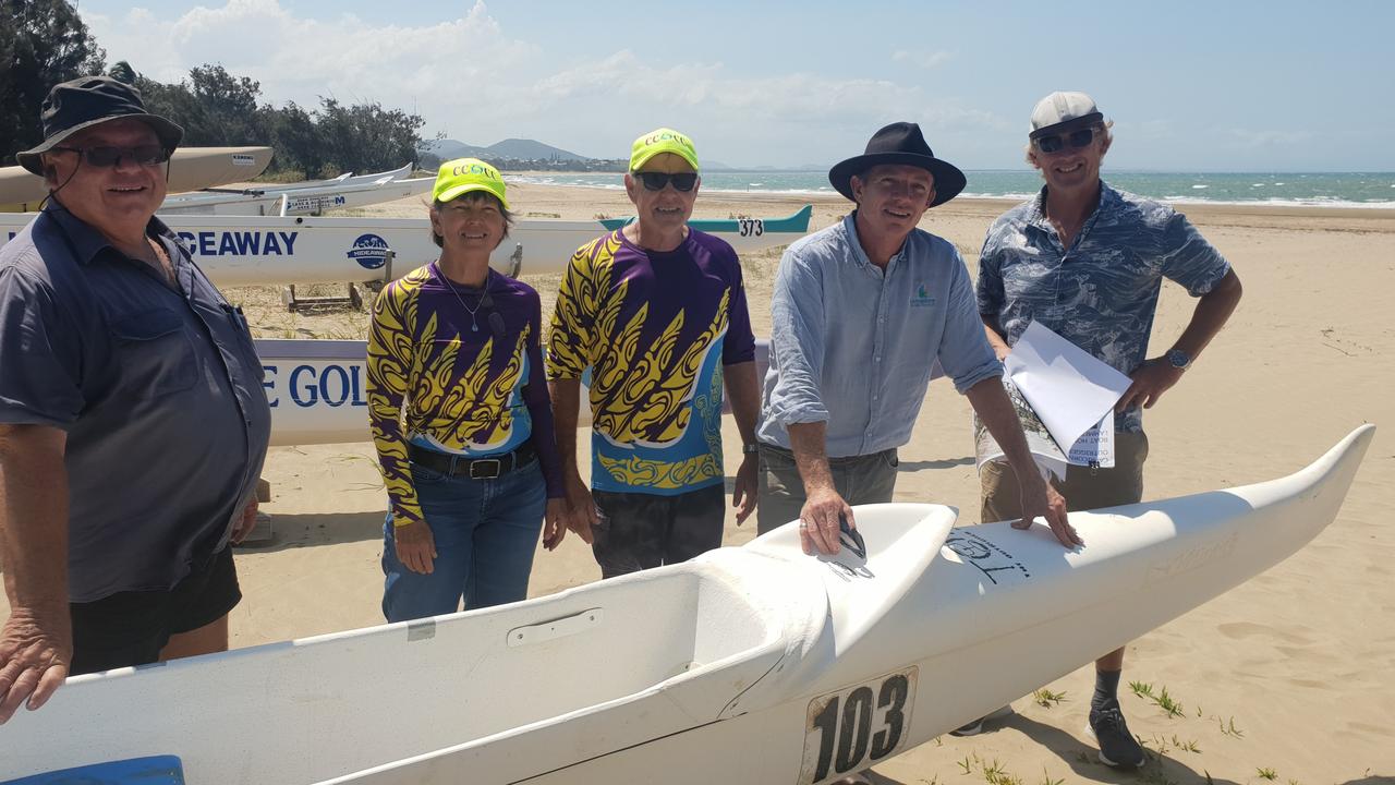 President of the Capricorn Coast Outrigger Canoe Club John Jennings, club members Ray and Karen Pomfrett, Cr Adam Belot and Cr Pat Eastwood at Lammermoor Beach, Yeppoon. Photo Darryn Nufer.